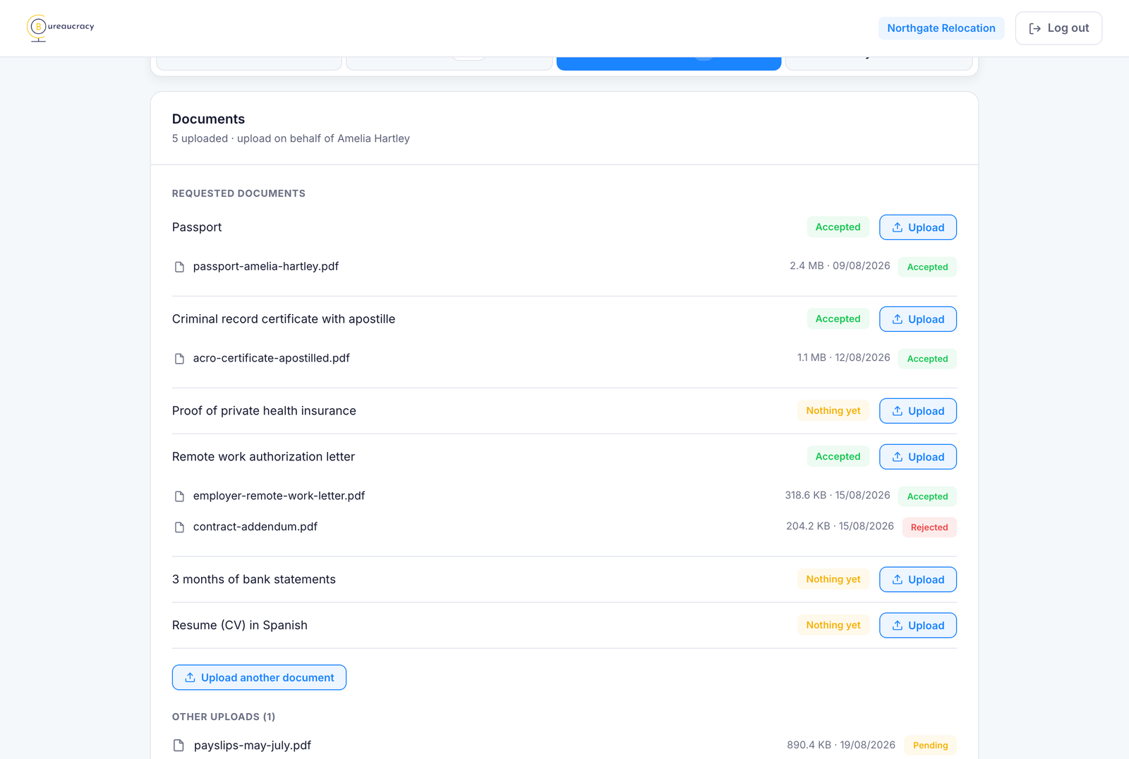 Documents in the partner portal, with upload buttons and review status